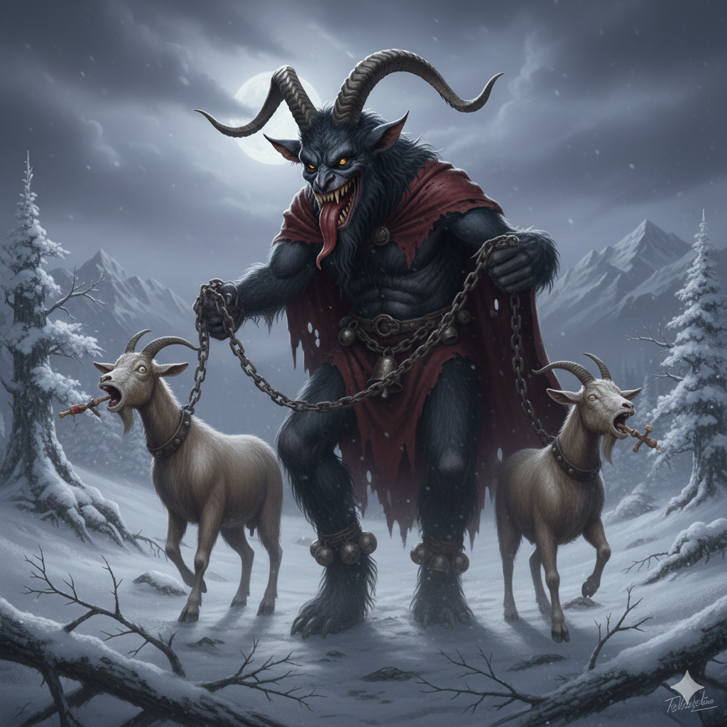 Krampus with screaming goats in a snowy mountain landscape