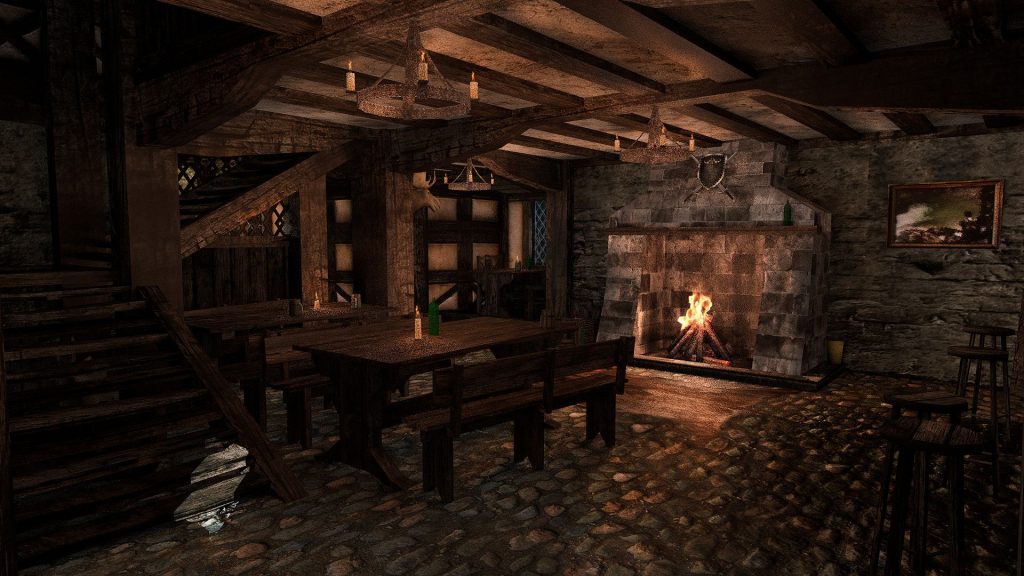 Image of a tavern with a fireplace