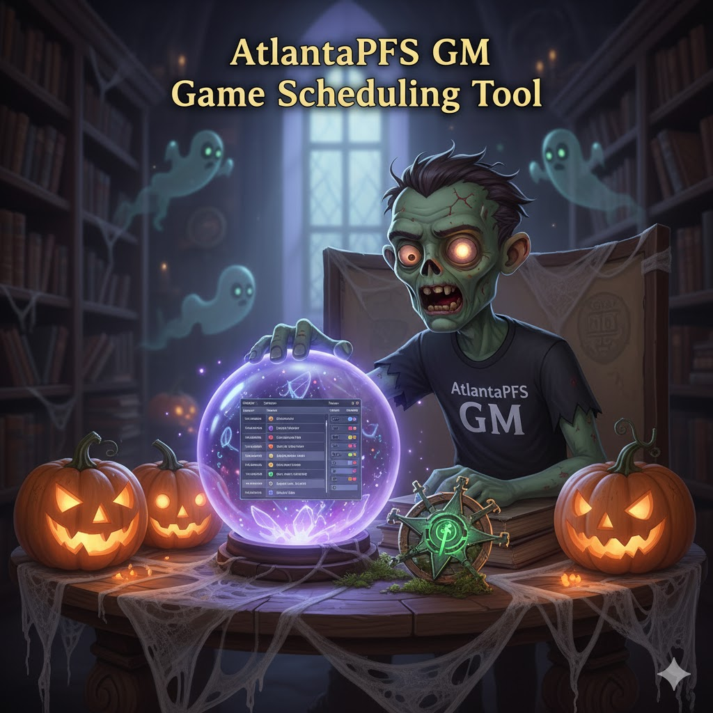 A humorous, Halloween-themed image featuring a zombie Game Master in an "AtlantaPFS GM" shirt intently gazing into a magical, glowing crystal ball. The crystal ball displays the **AtlantaPFS GM Game Scheduling Tool** interface, which helps find game scenarios by showing scheduling data. The scene is set in a spooky study with jack-o'-lanterns and friendly ghosts.